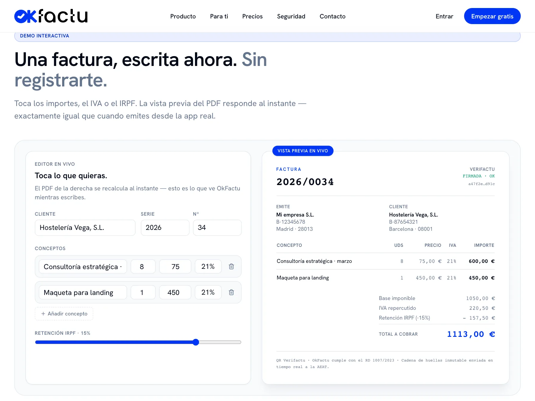 Demo de okfactu.es: editor de factura y vista previa del PDF con firma Verifactu