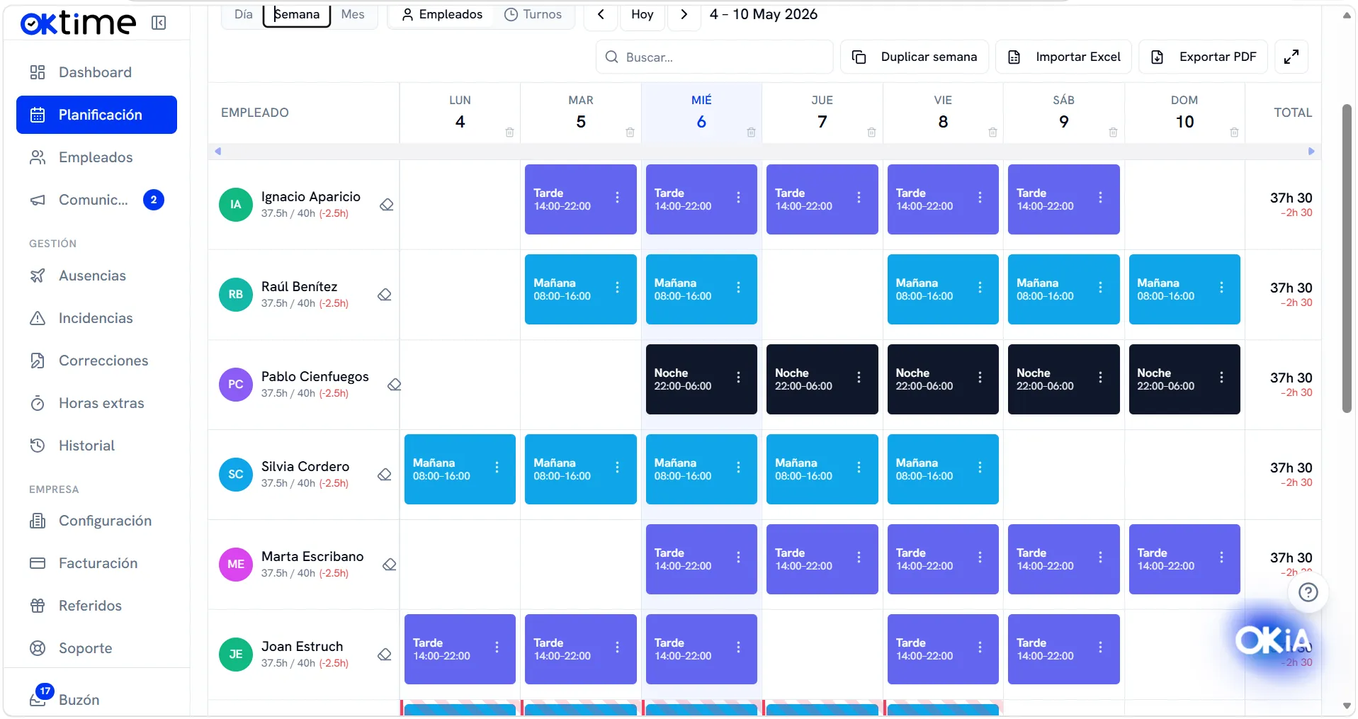 Planificación semanal de turnos en OkTime